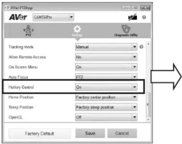AVer PTZApp AVer CAMS20Pro PTZ Tracking mode Manual Allow Remote Access No On Screen Menu On Auto Focus PTZ Hotkey Control On Home Position Factory center position Sleep Position Factory sleep position OpenGL Off Factory Default Save Cancel