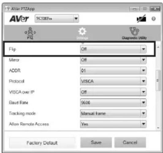 AVer PTZApp 7C530Pm PTZ Instance Diagnostic Utility Flip Off Mirror Off ADDR 01 Protocol VISCA VISCA over IP Off Baud Rate 9600 Tracking mode Manual frame Allow Remote Access Yes Factory Default Save Cancel