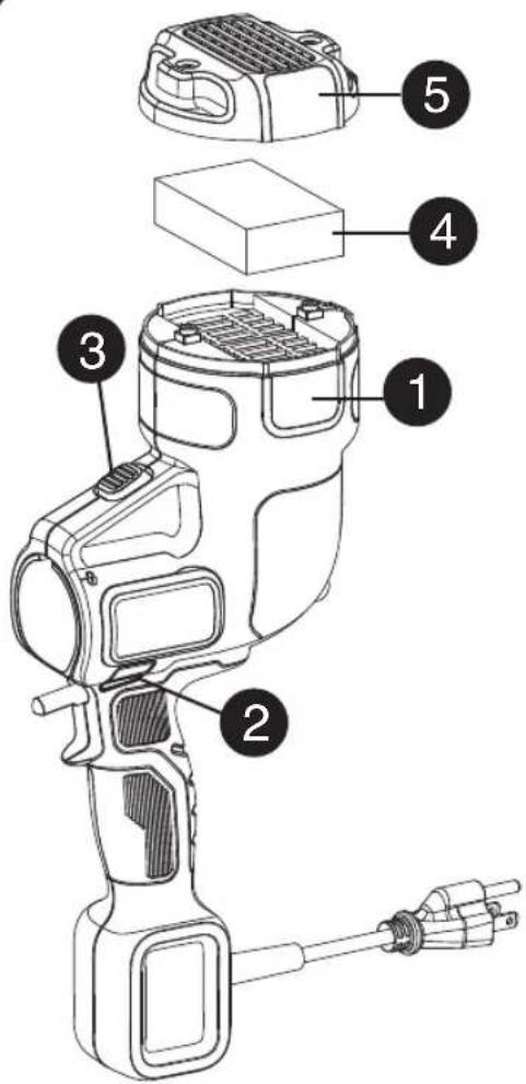 Technical diagram of a handheld device with numbered parts for identification