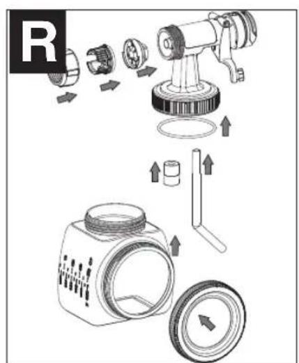Diagram illustrating the assembly of a camera lens with labeled parts and directional arrows indicating process flow.