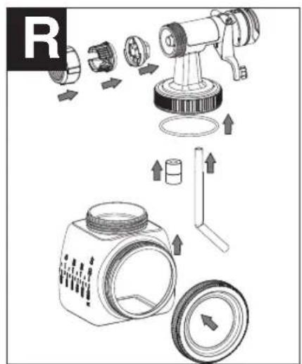 Diagram illustrating the assembly of a camera lens with labeled parts and directional arrows indicating process flow.