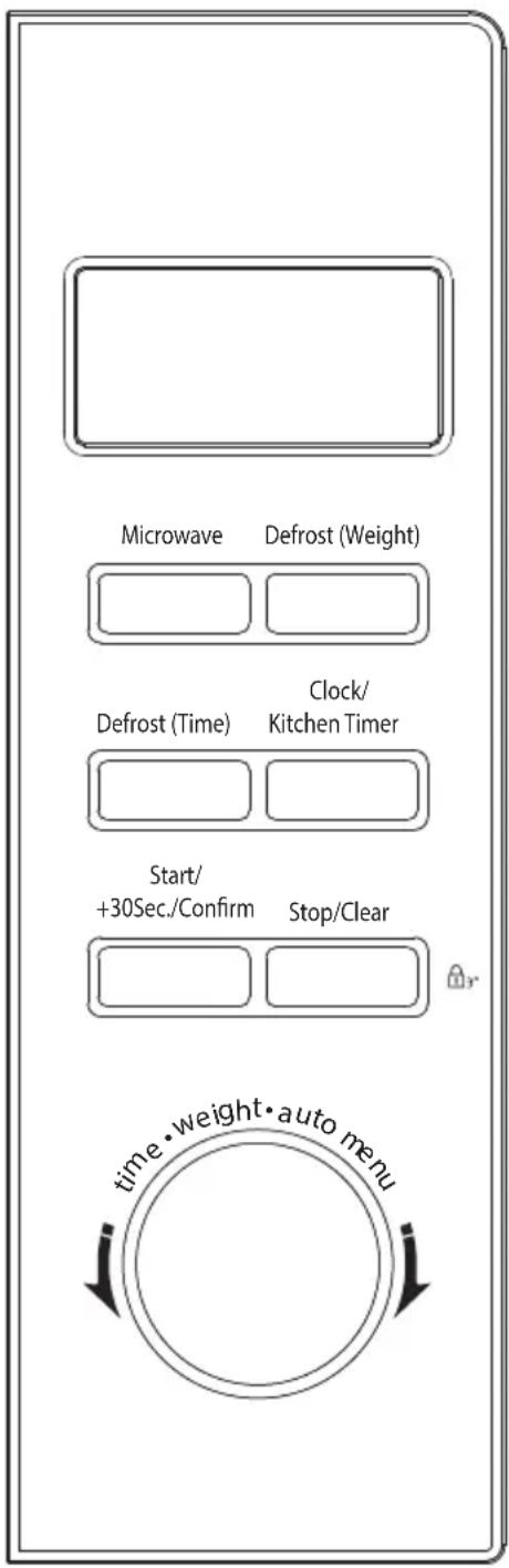 Microwave Defrost (Weight) Defrost (Time) Clock/ Kitchen Timer Start/ +30Sec./Confirm Stop/Clear time • weight • auto menu