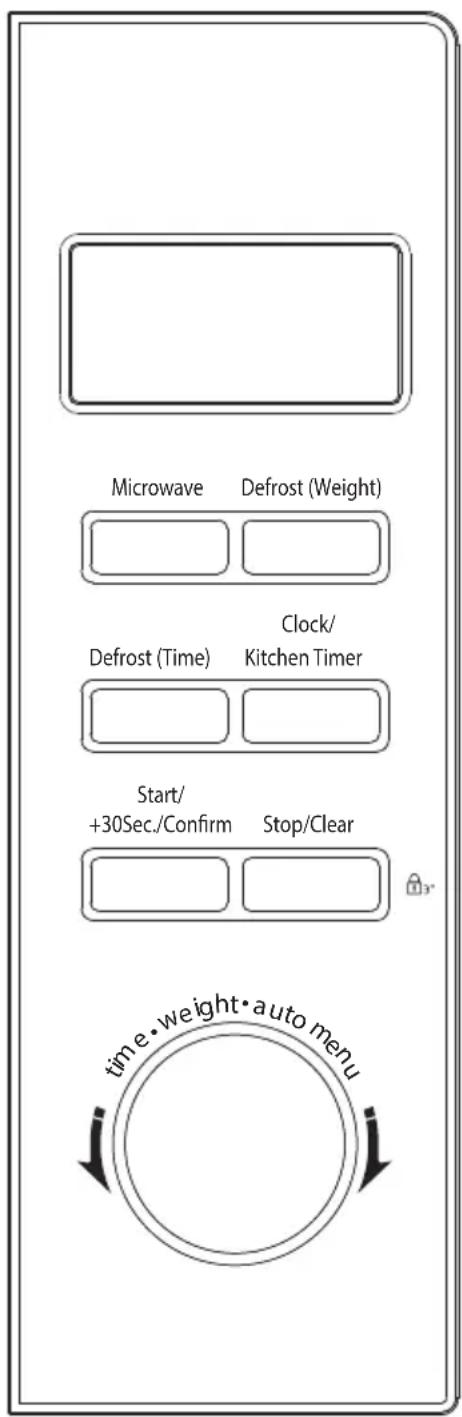 Microwave Defrost (Weight) Clock/ Defrost (Time) Kitchen Timer Start/ +30Sec./Confirm Stop/Clear time • weight • auto menu