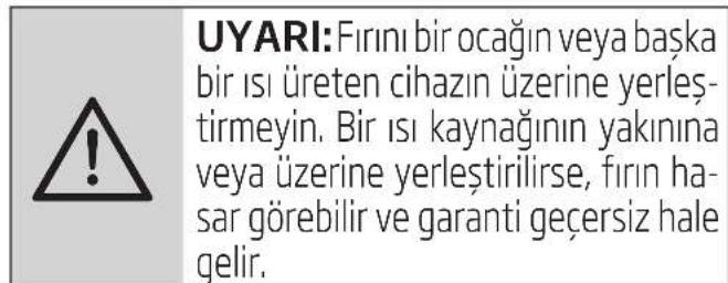 UYARI: Fırını bir ocağın veya başka bir ısı üreten cihazın üzerine yerleş- tirmeyin. Bir ısı kaynağının yakınına veya üzerine yerleştirilirse, fırın ha- sar görebilir ve garanti geçersiz hale gelir.