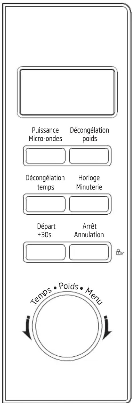 Puissance Micro-ondes Décongelation poids Décongelation temps Horloge Minuterie Départ +30s. Arrêt Annulation Temps • Poids • Menu