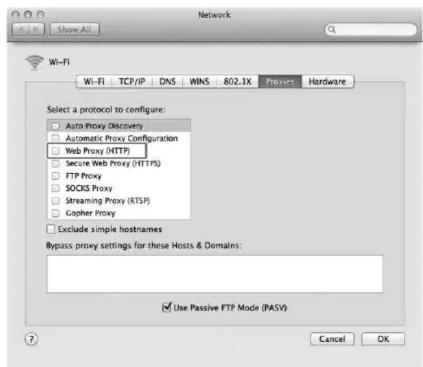 Network Wi-Fi Wi-Fi TCP/IP DNS WINS 802.1X Proiect Hardware Select a protocol to configure: Auto Proxy Discovery Automatic Proxy Configuration Web Proxy (HTTP) Secure Web Proxy (HTTPS) FTP Proxy SOCKS Proxy Streaming Proxy (RTSP) Gopher Proxy Exclude simple hostnames Bypass proxy settings for these Hosts & Domains: Use Passive FTP Mode (PASV) Cancel OK