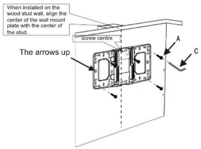 When installed on the wood stud wall, align the center of the wall mount plate with the center of the stud. screw centre The arrows up A C