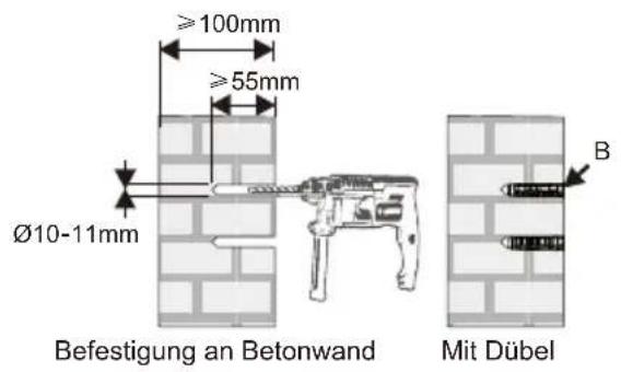 ≥100mm ≥55mm Ø10-11mm Befestigung an Betonwand Mit Dübel B