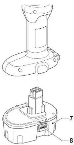 Technical diagram of a battery pack assembly with labeled parts 7 and 8