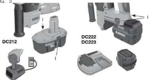 DEWALT DC212 - Installing and Removing the Battery Pack (Fig. 3) - 1