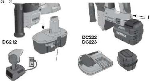 DEWALT DC212 - Instalación y extracción del paquete de baterías (Fig. 3) - 2
