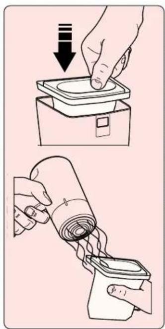 Illustration showing two steps of a medical procedure: adding a square component to a box, and adding a cup to a container.