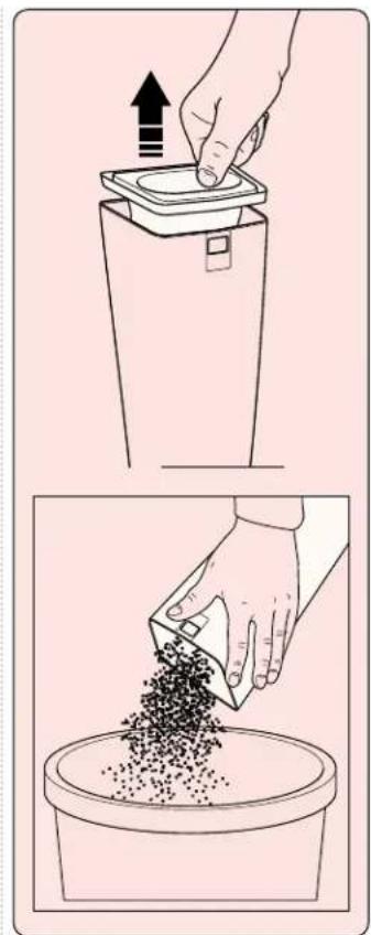 Illustration showing a hand pouring granular material into a container with an upward arrow, likely illustrating a chemical or processing process.