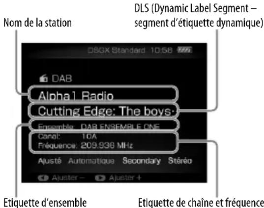 Nom de la station DSGX Standard 10:58 DLS (Dynamic Label Segment - segment d'étiquette dynamique) Alpha Radio Cutting Edge: The boys- Ensemble: DAB ENSEMBLE ONE Canal: 10A Fréquence: 209.936 MHz Ajusté Automatique Secondary Stéréo Ajuster - Ajuster + Etiquette d'ensemble Etiquette de chaîne et fréquence