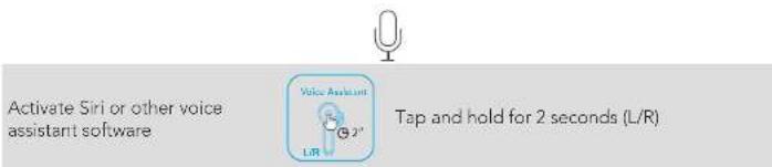 Activate Siri or other voice assistant software Voice Assistant L/R Tap and hold for 2 seconds (L/R)