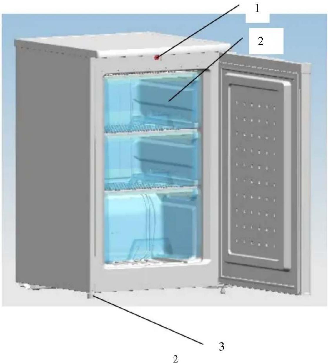 Diagram of a refrigerator interior with labeled components: front panel, side panel, and interior compartments.