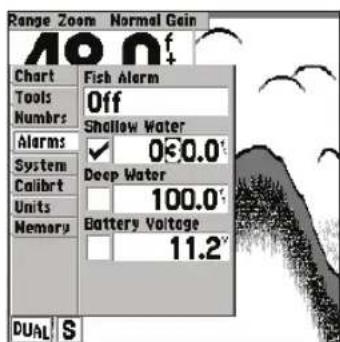 GARMIN Fishfinder 240 Blue - Menu Setup (Configuration): Onglet Alarms (Alarmes) - 1