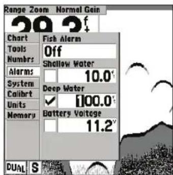 GARMIN Fishfinder 240 Blue - Menu Setup (Configuration): Onglet Alarms (Alarmes) - 2