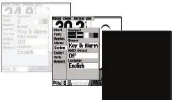 GARMIN Fishfinder 240 Blue - Menu Setup (Configuration): Onglets Alarms/System (Alarmes/Systems) - 2