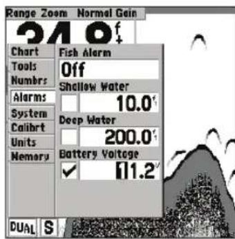 GARMIN Fishfinder 240 Blue - Menu Setup (Configuration): Onglets Alarms/System (Alarmes/Systems) - 1