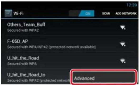 12:29 Wi-Fi ON SCAN ADD NETWORK Others_Team_Buff Secured with WPA2 F-05D_AP Secured with WPA/WPA2 (protected network available) U_hit_the_Road Secured with WPA U_hit_the_Road_to Secured with WPA2 (protected network) Advanced