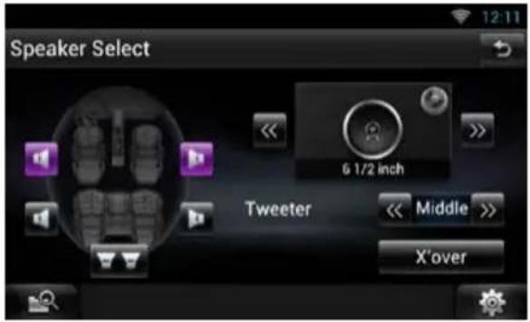 KENWOOD DNN991HD - Touchez [Speaker Select] (Sélection enceinte) à l'écran Audio SETUP (Configuration audio). - 1