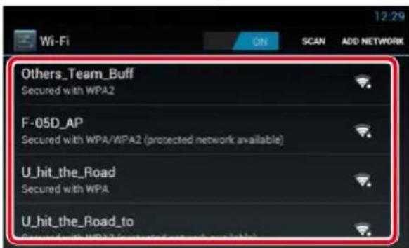 12:29 Wi-Fi ON SCAN ADD NETWORK Others_Team_Buff Secured with WPA2 F-05D_AP Secured with WPA/WPA2 (protected network available) U_hit_the_Road Secured with WPA U_hit_the_Road_to