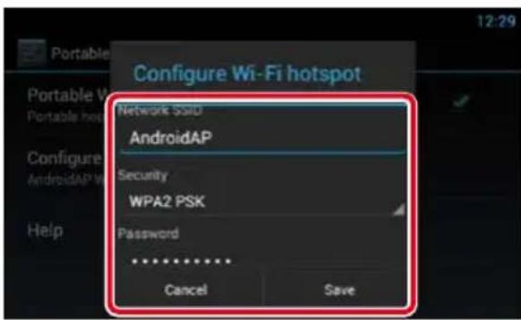 Configure Wi-Fi hotspot Network Sold AndroidAP Security WPA2 PSK Password ****** Cancel Save
