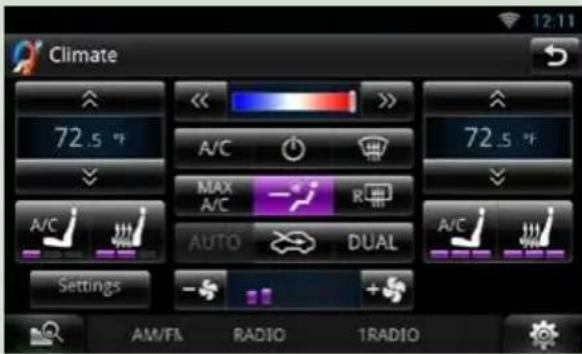 Climate 72.5 °F A/C MAX A/C AUTO DUAL Settings AM/FA RADIO 1RADIO