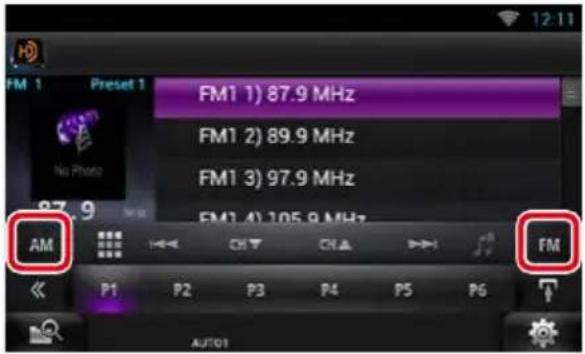 FM 1 Preset 1 FM1 1) 87.9 MHz FM1 2) 89.9 MHz FM1 3) 97.9 MHz FM1 4) 105.9 MHz AM FM << P1 P2 P3 P4 P5 P6 AUTO1