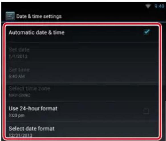 Date & time settings Automatic date & time Set date 1/1/2013 Set time 9:40 AM Select time zone NAV-SYNC Use 24-hour format 1:00 pm Select date format 12/31/2013