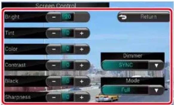 Screen Control Bright - 20 Return Tint - 0 + Color - 0 + Contrast - 0 + Black - 0 + Sharpness - 0 + Dimmer SYNC Mode Full