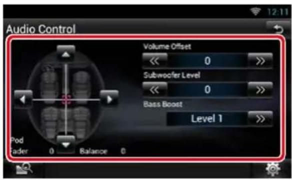 Audio Control Volume Offset << 0 >> Subwoofer Level << 0 >> Bass Boost Level 1 >> Pod Fader 0 Balance 0