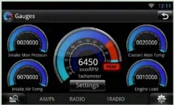 Gauges 0020000 Intake Man Pressuri 6450 xxxxRPM Tachometer PEAK Coolant Man Temp 0020000 Intake Air Temp 0070000 Settings Engine Load AM/FA RADIO 1RADIO