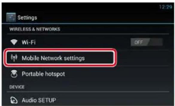 Settings WIRELESS & NETWORKS Wi-Fi OFF Mobile Network settings Portable hotspot DEVICE Audio SETUP