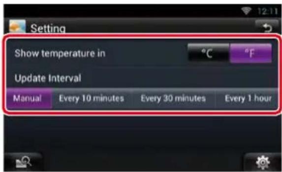 Setting Show temperature in °C °F Update Interval Manual Every 10 minutes Every 30 minutes Every 1 hour