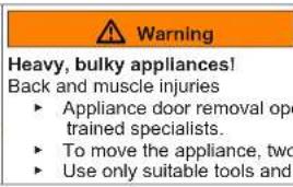 Warning Heavy, bulky appliances! Back and muscle injuries • Appliance door removal op trained specialists. • To move the appliance, two • Use only suitable tools and