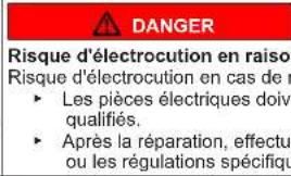 DANGER Risque d'électrocution en raisons Risque d'électrocution en cas de r • Les pièces électriques doivent qualifiés. • Après la réparation, effectu ou les régulations spécifique