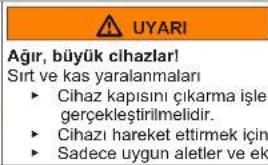 UYARI Ağır, büyük cihazlar! Sırt ve kas yaralanmaları ► Cihaz kapısını çıkarma işleri gerçekleştirilmelidir. ► Cihazı hareket ettirmek için ► Sadece uygun aletler ve ek