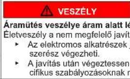 VeszÉLY Áramütés veszélye áram alatt lé Életveszély a nem megfelelő javít • Az elektromos alkatrészek j szerész végezheti. • A javítás után végeztessen cifikus szabályozásoknak m