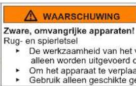 WAARSCHUWING Zware, omvangrijke apparaten! Rug- en spierletsel ► De werkzaamheid van het v alleen worden uitgevoerd d ► Om het apparaat te verplaad ► Gebruik alleen geschikte ge