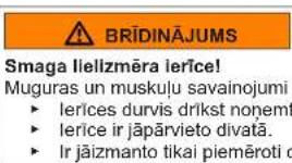 BRĪDINĀJUMS Smaga llelizmēra lerice! Muguras un muskuļu savainojumi • lerices durvis drīkst noņemt • lerice ir jāpārvieto divatā. • Ir jāizmanto tikai piemēroti o