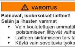VAROITUS Painavat, isokokolset laitteet! Selän ja lihasten vamma ► Vain koulutettujen ammattil poistamiseen liittyvät vaihe ► Laitteen siirtämiseen tarvita ► Käytä vain soveltuvia työka