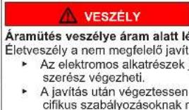 VeszÉLY Áramütés veszélye áram alatt lé Életveszély a nem megfelelő javít • Az elektromos alkatrészek j szerész végezheti. • A javítás után végeztessen cifikus szabályozásoknak n