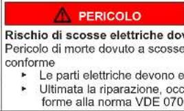 PERICOLO Rischio di scosse elettriche dov Pericolo di morte dovuto a scosse conforme ► Le parti elettriche devono e ► Ultimata la riparazione, occ forme alla norma VDE 070