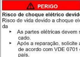 PERIGO Risco de choque elétrico devido Risco de vida devido a choque elecida As partes elétricas devem s cado. Após a reparação, solicite a de acordo com VDE 0701 o país.