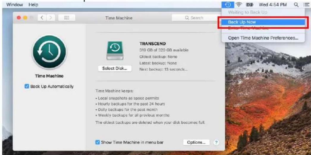 TRANSCEND JetDrive 825 - Choisissez "Back Up Now" dans le menu Time Machine - 2