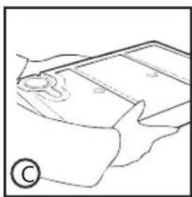 Line drawing of a hand holding a rectangular object with a circular mark and a small circular mark, no text or symbols present.