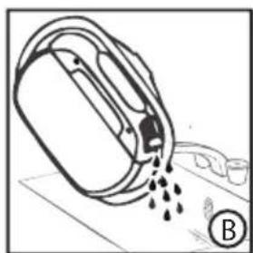 Simple line drawing of a container pouring liquid into a container with a label B (no text or symbols on the diagram itself).