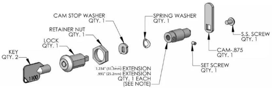 CAM STOP WASHER QTY. 1 RETAINER NUT QTY. 1 LOCK QTY. 1 1.234" (31.3mm) .991" (25.2mm) EXTENSION EXTENSION QTY. 1 EACH (SEE NOTE) SPRING WASHER QTY. 1 S.S. SCREW QTY. 1 CAM-.875 QTY. 1 SET SCREW QTY. 1 KEY QTY. 2 1100